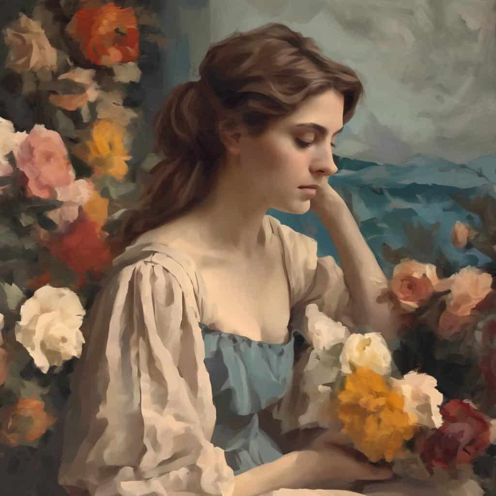 Όμορφη νεαρή γυναίκα σε πορτρέτο με λουλούδια, καλλιτεχνική αποτύπωση, ευρύ φόντο, ζωγραφική, καλλιτέχνες και το καλλιτεχνικό τους αποτύπωμα.